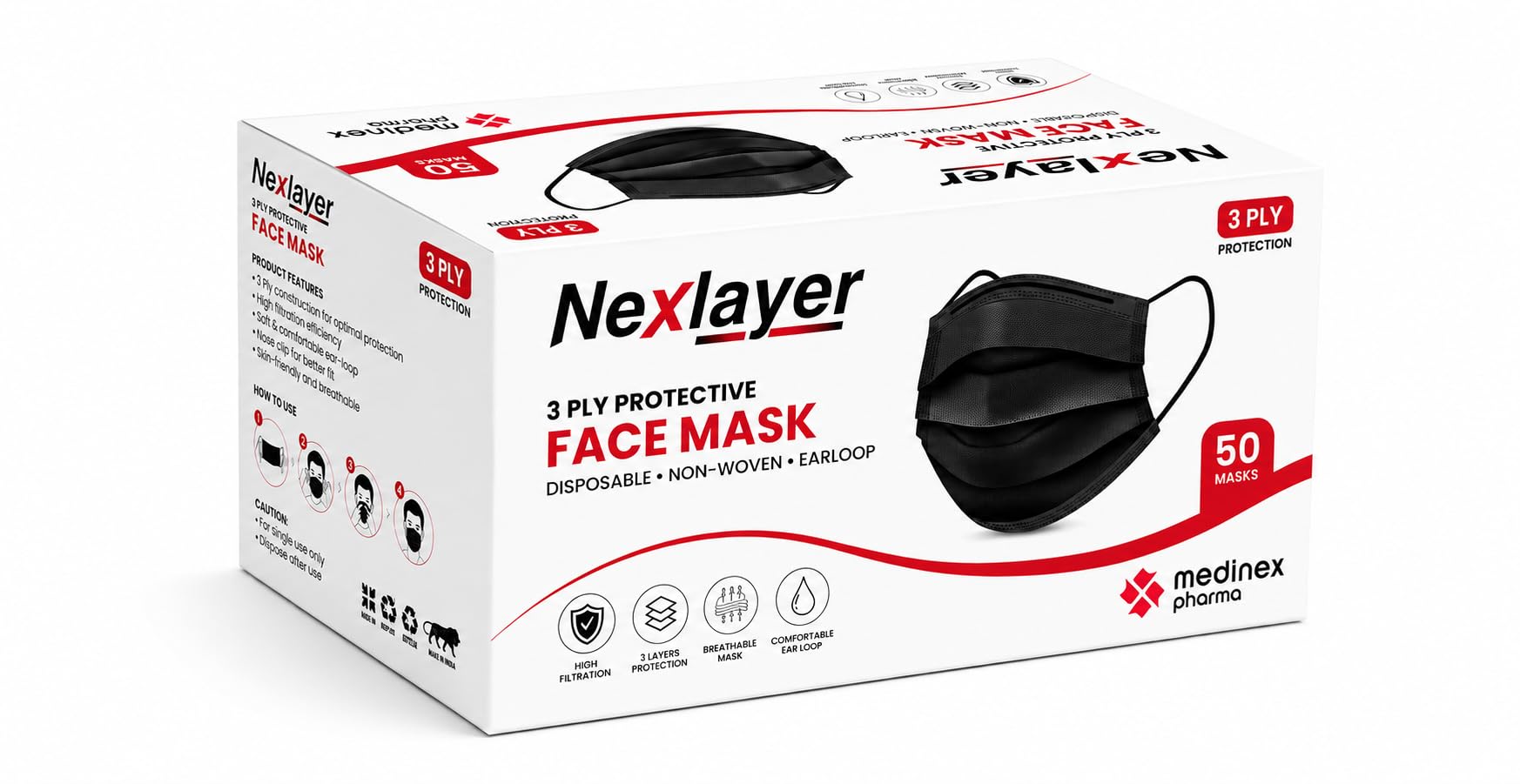Nexlayer 3-Ply Protective Black Mask (Pack of 50) - Disposable Face Masks-image-33