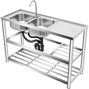 Stainless Steel Kitchen Sink Double Basin Deluxe Sink Freestanding Outdoor Sink with Base Cabinet Commercial Freestanding Sink with Drain Unit & Tap Complete Set