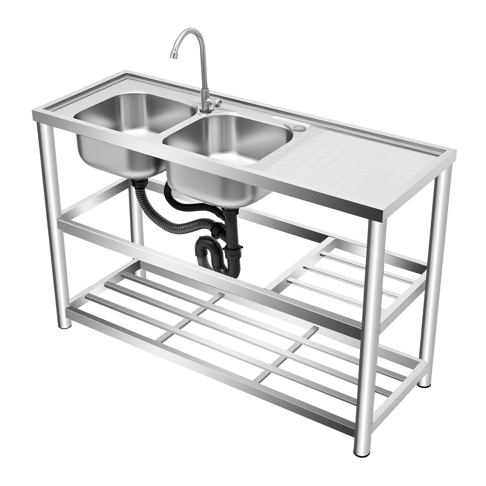 Évier de Cuisine Autonome en Acier Inoxydable avec 2 Bacs et Robinet à 360 °, 3 Niveaux, Capacité de Charge de 100 kg, Pour Restaurant, Camping, Extérieur - 120 x 45 x 80 cm