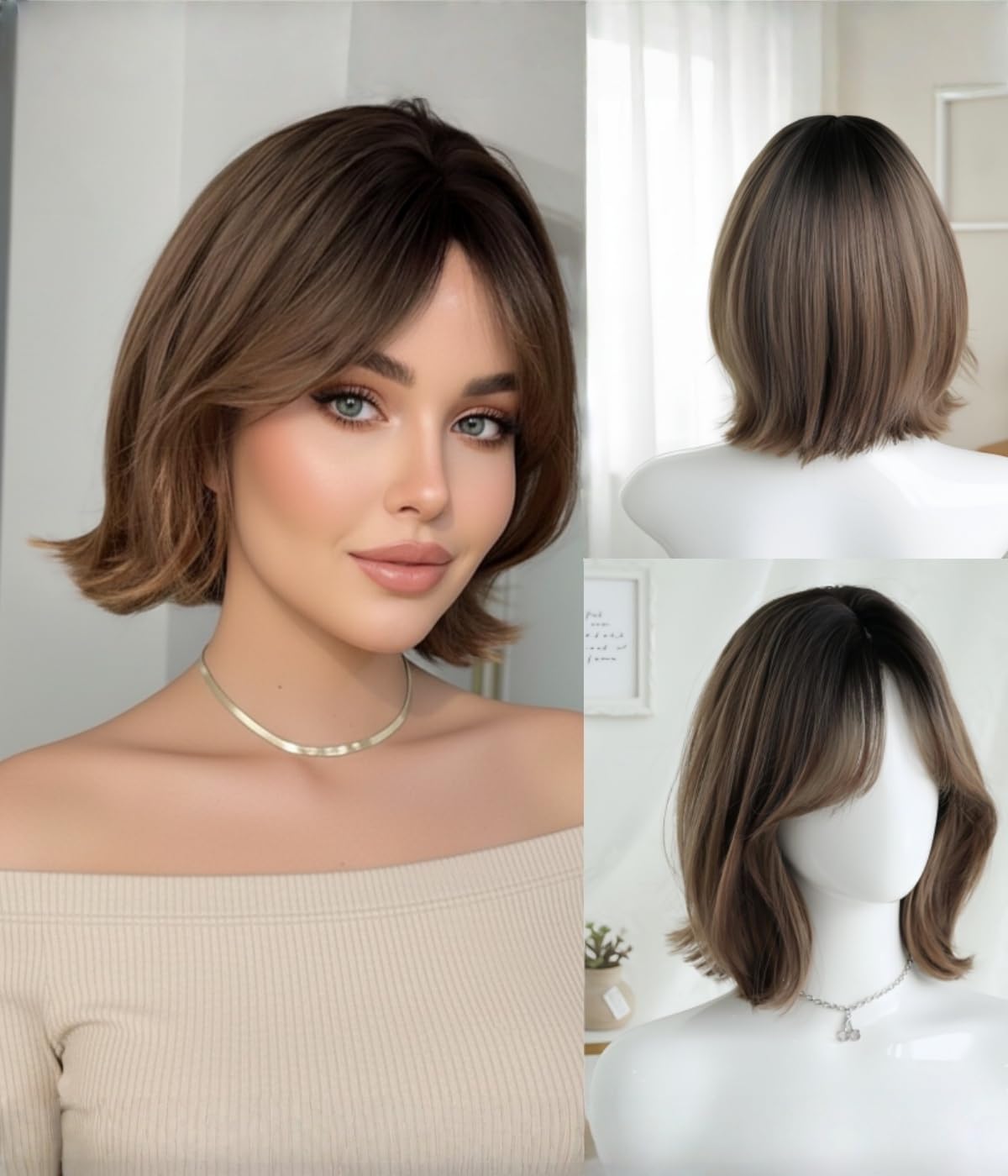 Short Wig for Women - 13'' Brown Wavy Synthetic Wig with with Air Bangs, Style for Daily Use