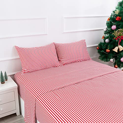 Image of Best Season Ticking Stripe Sheet Set,4 Piece Full Size Microfiber Bedding,Burgundy Red and White Pinstripe Patterned,Deep Pocket