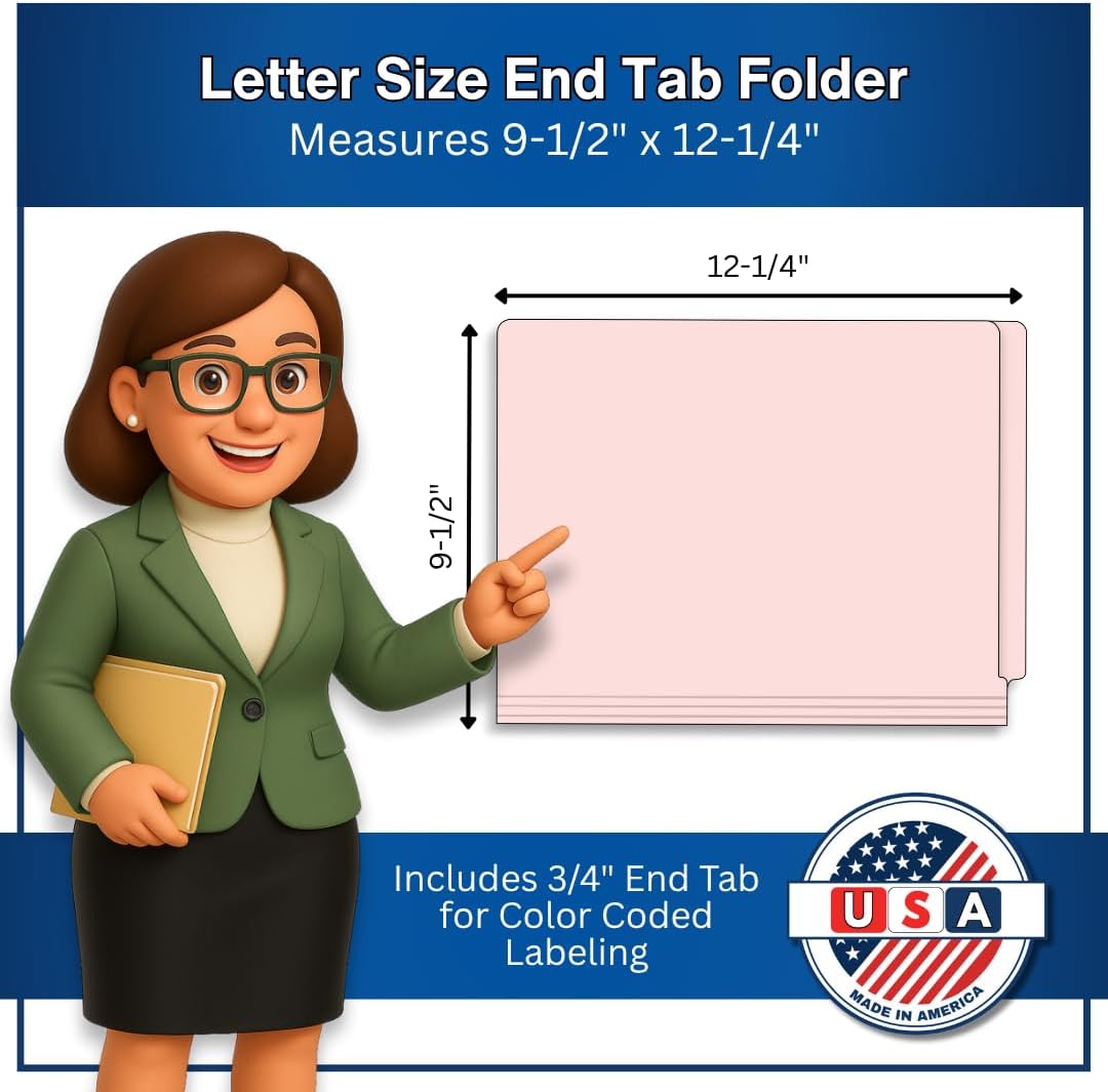 Pink End Tab File Folders withwith Fastener and Jalema Clip Positions 3 & 5 for Patient Charts, Doctor Stuff, Heavy Duty 14pt Reinforced Letter Size for Medical Record Systems, USA Made Box of 50