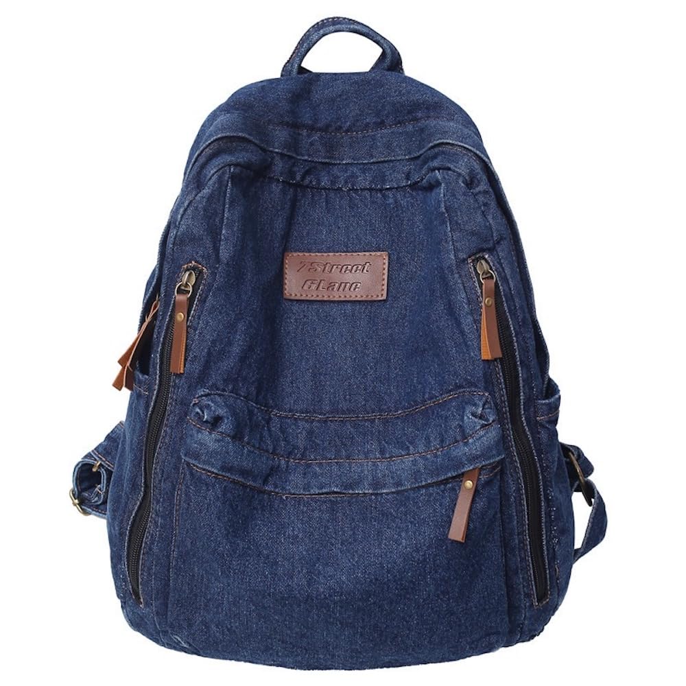 JHTPSLR Preppy Denim Backpack Casual Vintage Aesthetic Cowboy Daypack Book Bag (Dark Blue)