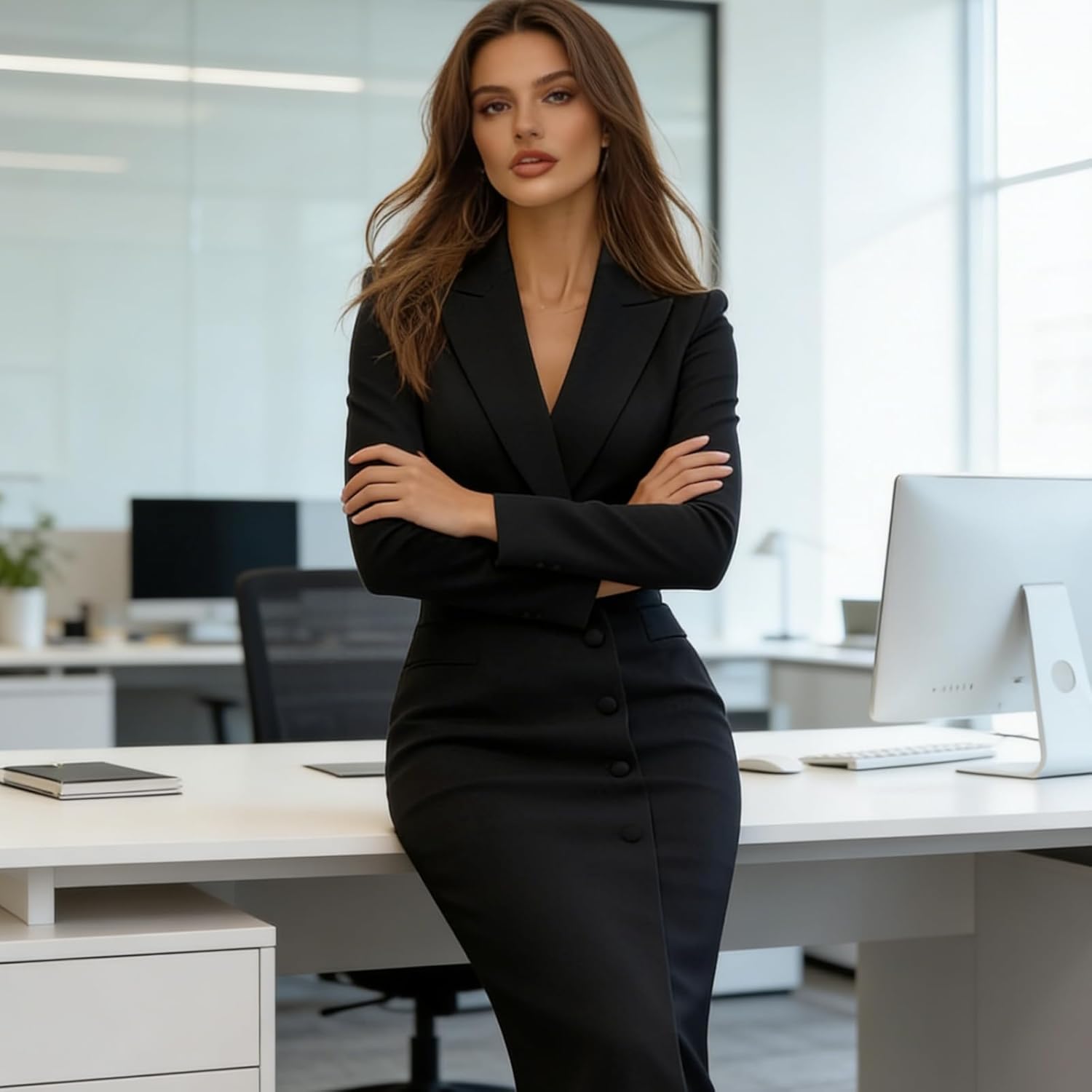 Women's Elegant Single-Breasted Suit Dress, Solid Slim Single Long Sleeve V Neck Button Suit Dress for Commuter Work