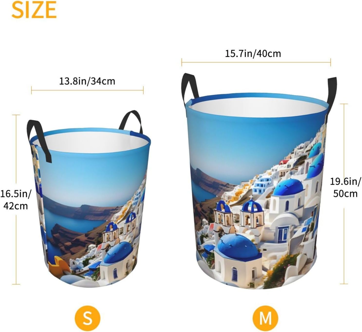Santorini Greek Island Sea View Print Laundry Baskets Decorative Basket Living Room Storage Basket For Blankets Clothes Pillows, Medium, Black