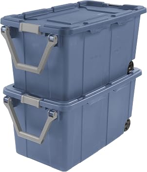 40 Gallon Heavy-Duty Rolling Storage Bins 2-Pack, Blue Industrial Plastic with Pivot Handle, Leakproof Lid & Latches, for Garage Workshop Equipment Transport & Storage