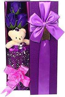 Abbie Home Flower Bouquet 3 Scented Soap Roses Gift Box with Cute Teddy Bear for Her Him Valentine's Day Anniversary Wedding Mothers Day Birthday Gift and Proposal (Purple)