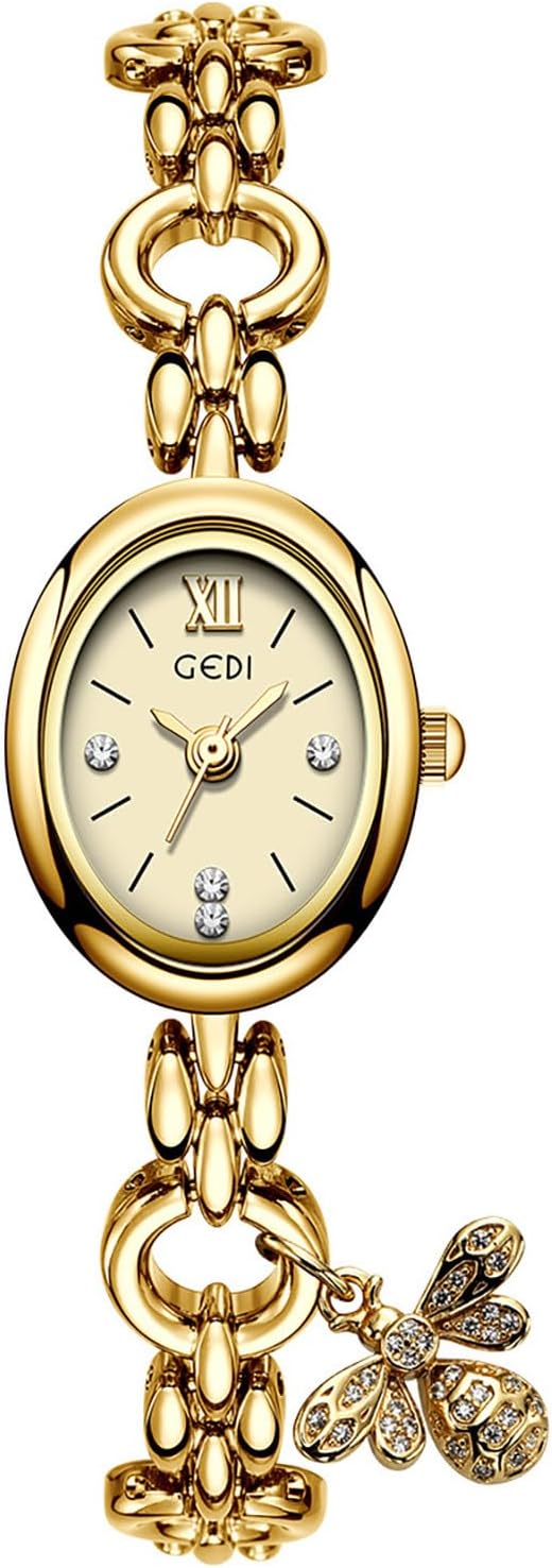 CARLIEN Fashion Vintage Gold Oval Quartz Watches for Women - Alloy Steel Band Slim Bracelet - Roman Numerals Numbers - Dainty Elegant Dress Wristwatch Waterproof