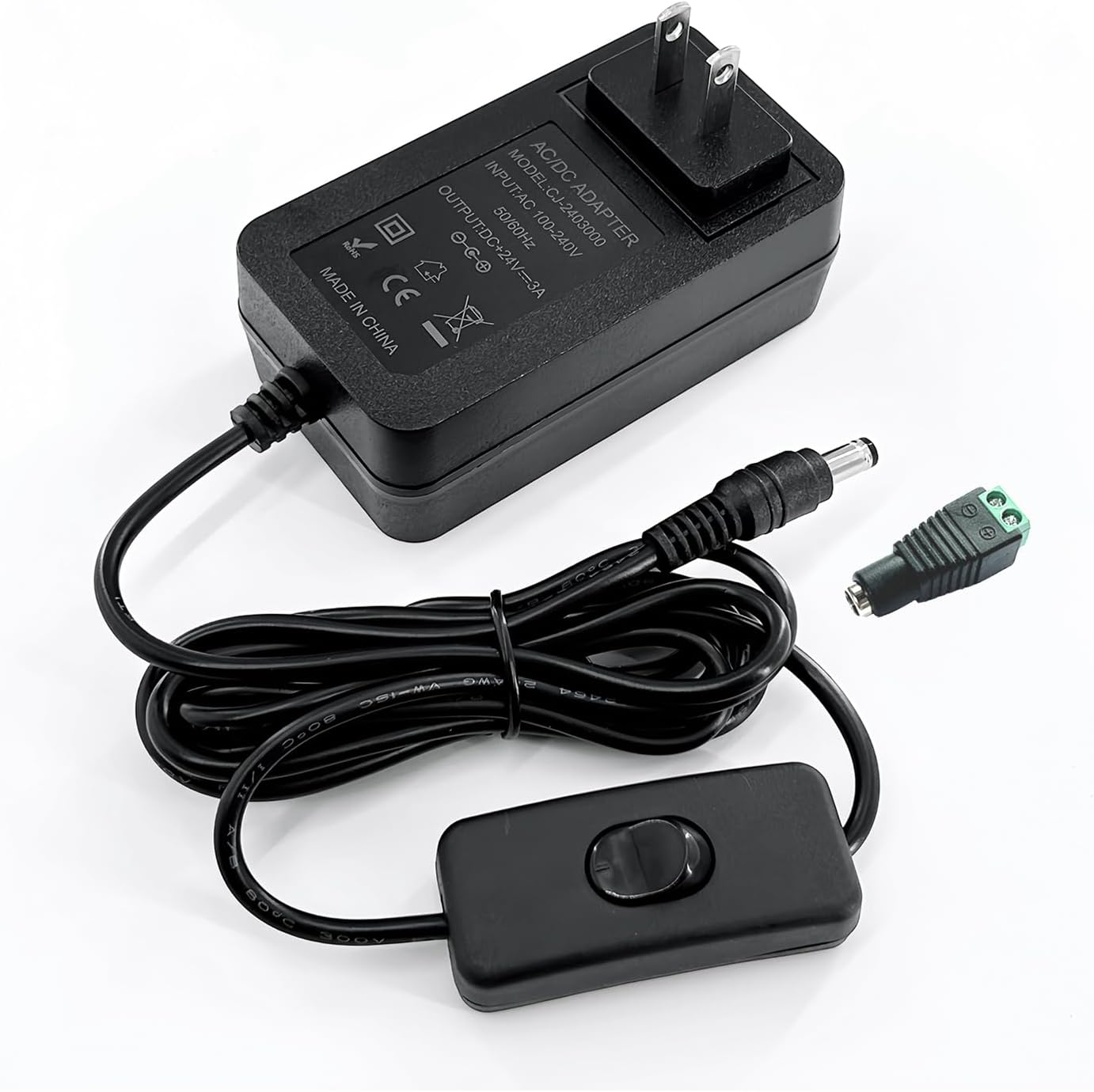 24V 3A DC Power Supply AC Adapter 6.2ft Power Cord with Switch Universal 72W Converter AC 100-240V to DC 24Volt 3A 2A 1A 0.5A Transformer Switching Power Supply for LED Strip Light,CCTV Camera System