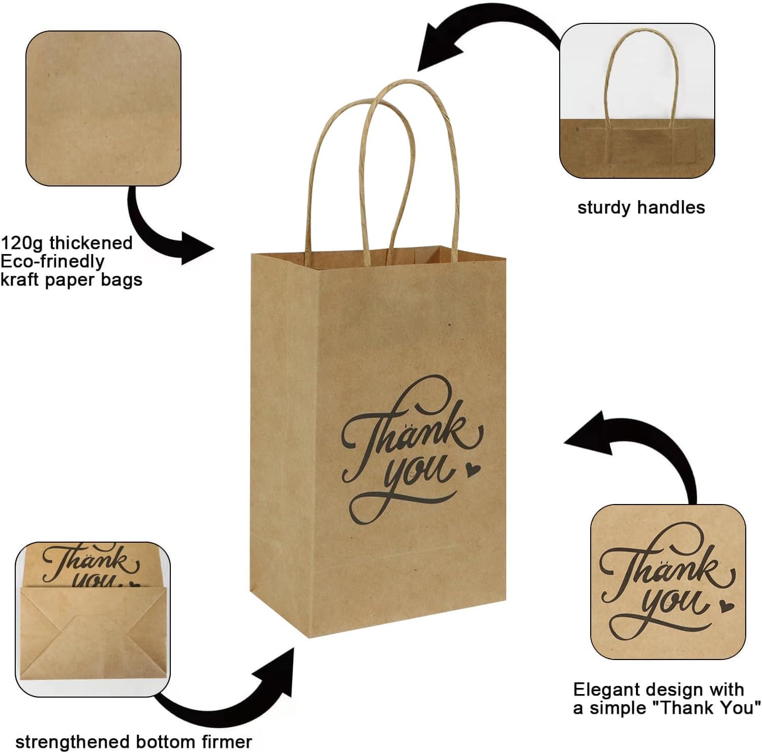 bagmad 100 Pack 5.25x3.25x8 Inch Small Brown Paper Gift Bags with Handles Bulk, Thank You Kraft Paper Bags for Party Favors Grocery Retail Shopping Wedding Craft Cub Sacks (Plain Natural, 100pcs) - Image 4