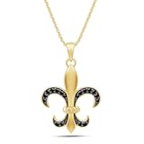Wishrocks Round Cut Black Cubic Zirconia Fleur-de-Lis Pendant Necklace Jewelry For Women In 14k Gold Over Sterling Silver Along With 18" Silver Chain