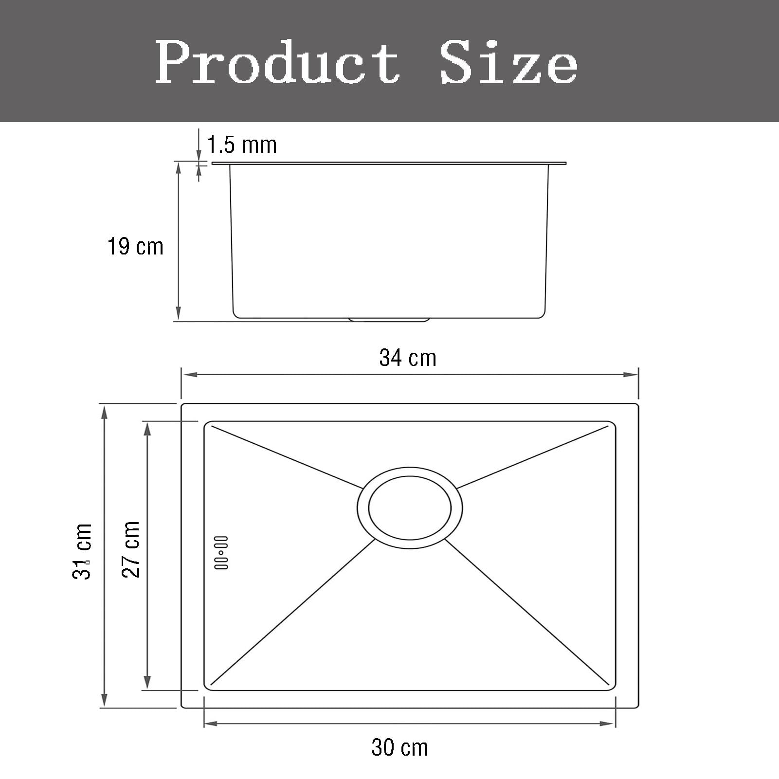 Fregadero de cocina de acero inoxidable de alta calidad, 34 x 31 x 19 cm, elegante diseño negro con juego de drenaje, versátil instalación empotrada o empotrada, ideal para cocinas modernas