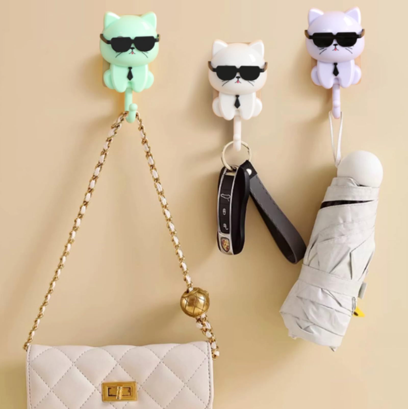 MENGYUEXUAN Cat Key Holder with Sunglasses – 4 Pack Adhesive Wall Hooks, No Punch Door Hooks for Keys, Hats & Coats – Cute Cartoon Black Cat Design, Removable Strong Grip
