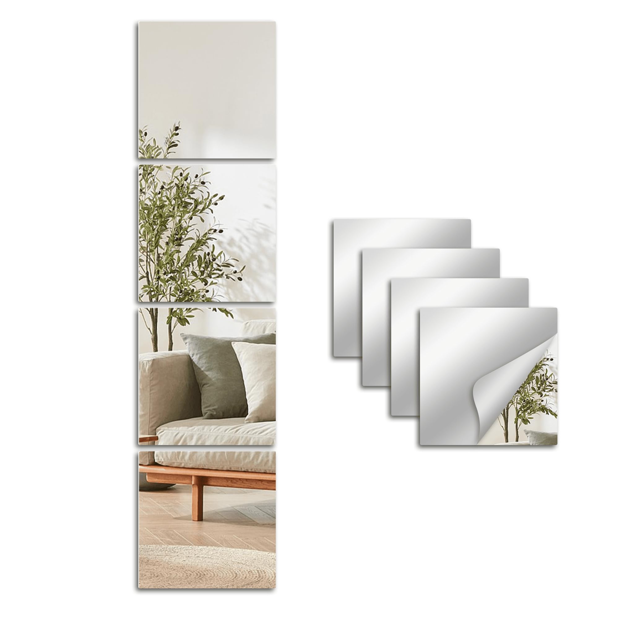 Snowdool 4Pcs Self Adhesive Mirror, 29x29cm Stick On Mirror For Wall, Frameless Full Length Tempered Glass Tiles, Shatterproof Stickers For Wardrobe Door, Home Workout Gym, Bedroom, Living Room