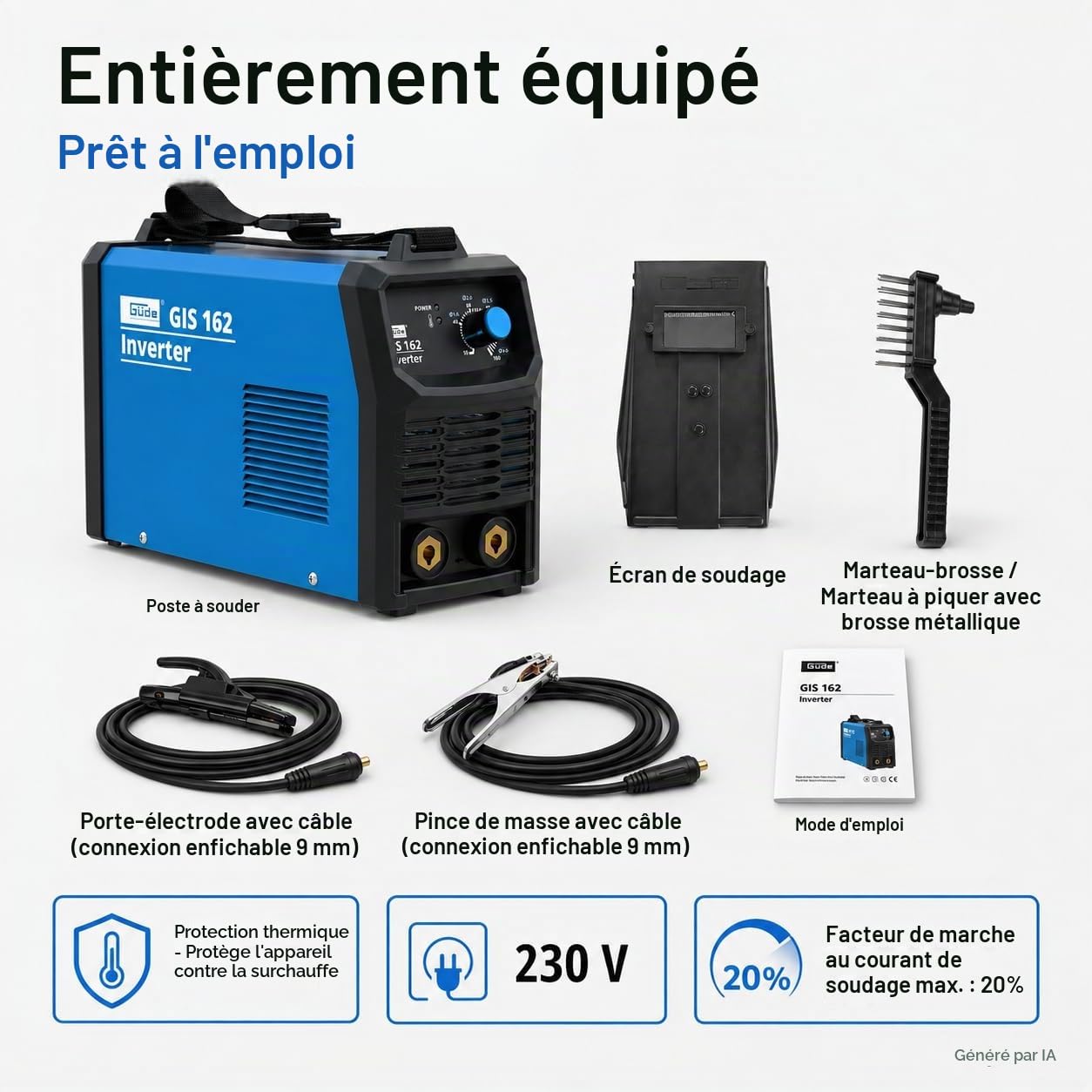 Güde Poste à souder Inverter GIS 162 (230 V, 15,5 W, puissance à vide 5,0 kVA max. puissance secteur, plage de régulation 10-160 A, courant de soudure, avec support d'électrodes, borne de masse
