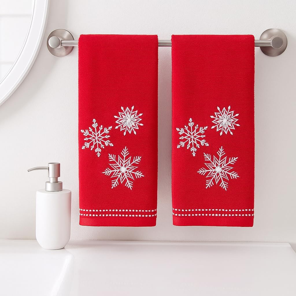 Serafina Home Christmas Hand Bathroom Towels, 2 pc Set, Embroidered White Snowflakes on Red, 100% Velour Terry Cotton, Holiday Decor for Bath or Kitchen