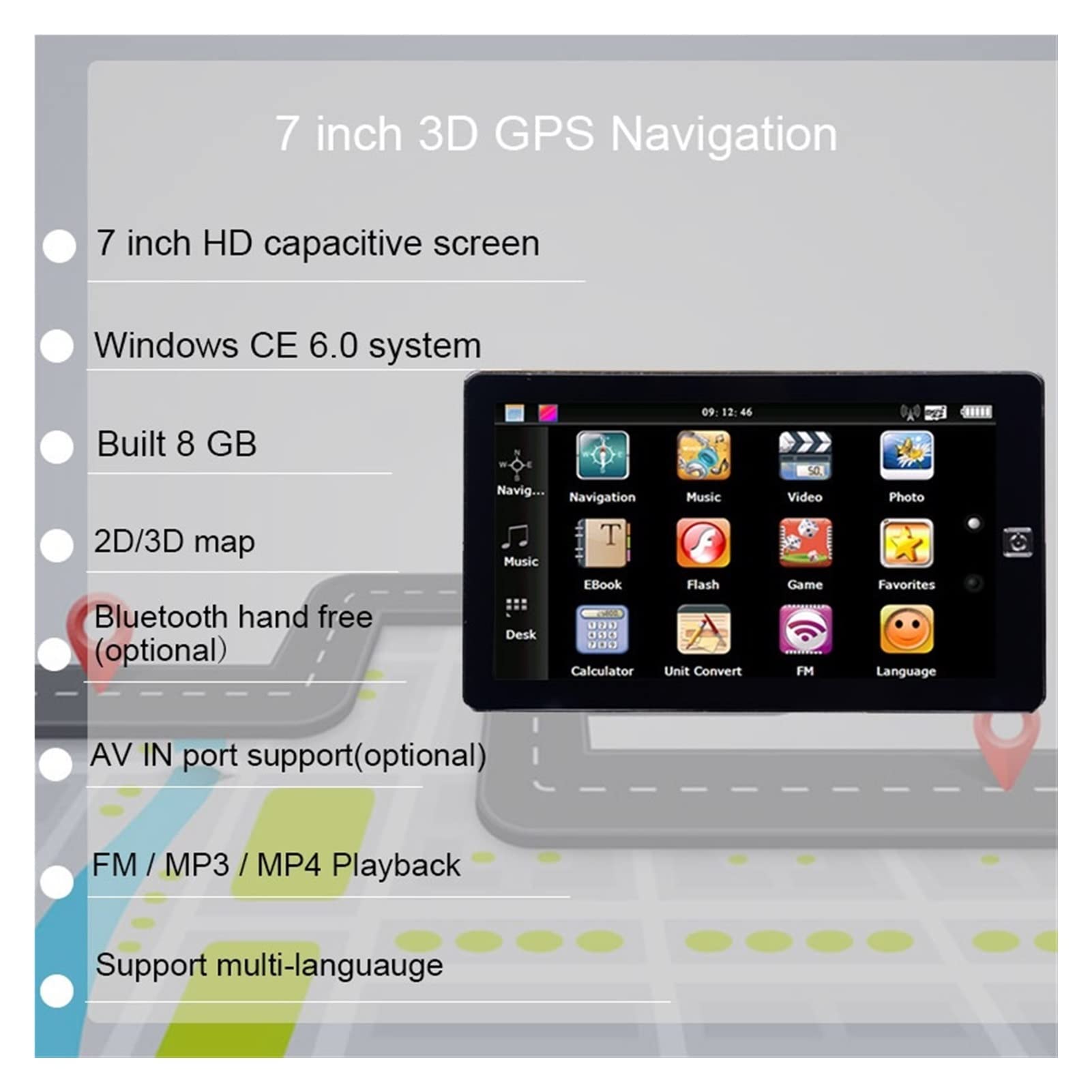 Coche de 7 pulgadas GPS Navegación 25 6m 8gb 800 Cámara trasera con cable MHZ y camión de sombrero GPS Navegador Vista inversa Aparcamiento(With wired camera)