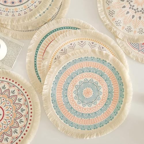 Kitchen Table Placemats Set Of 6 With，Round Handmadewoven Fringe Placemat，For Dining Room, Kitchen, Place Mats For Parties,Use-Size 13×13 Inches #TOP3