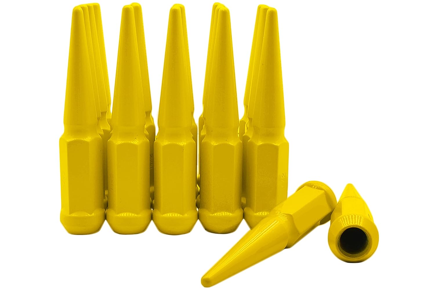 32 Pc M14x1.5 Yellow Spike Lug Nuts - Powder Coated - 4.5" Tall Compatible with Chevrolet GMC 1999-2020 Silverado Sierra 2500 HD 3500 HD 8 Lug Trucks