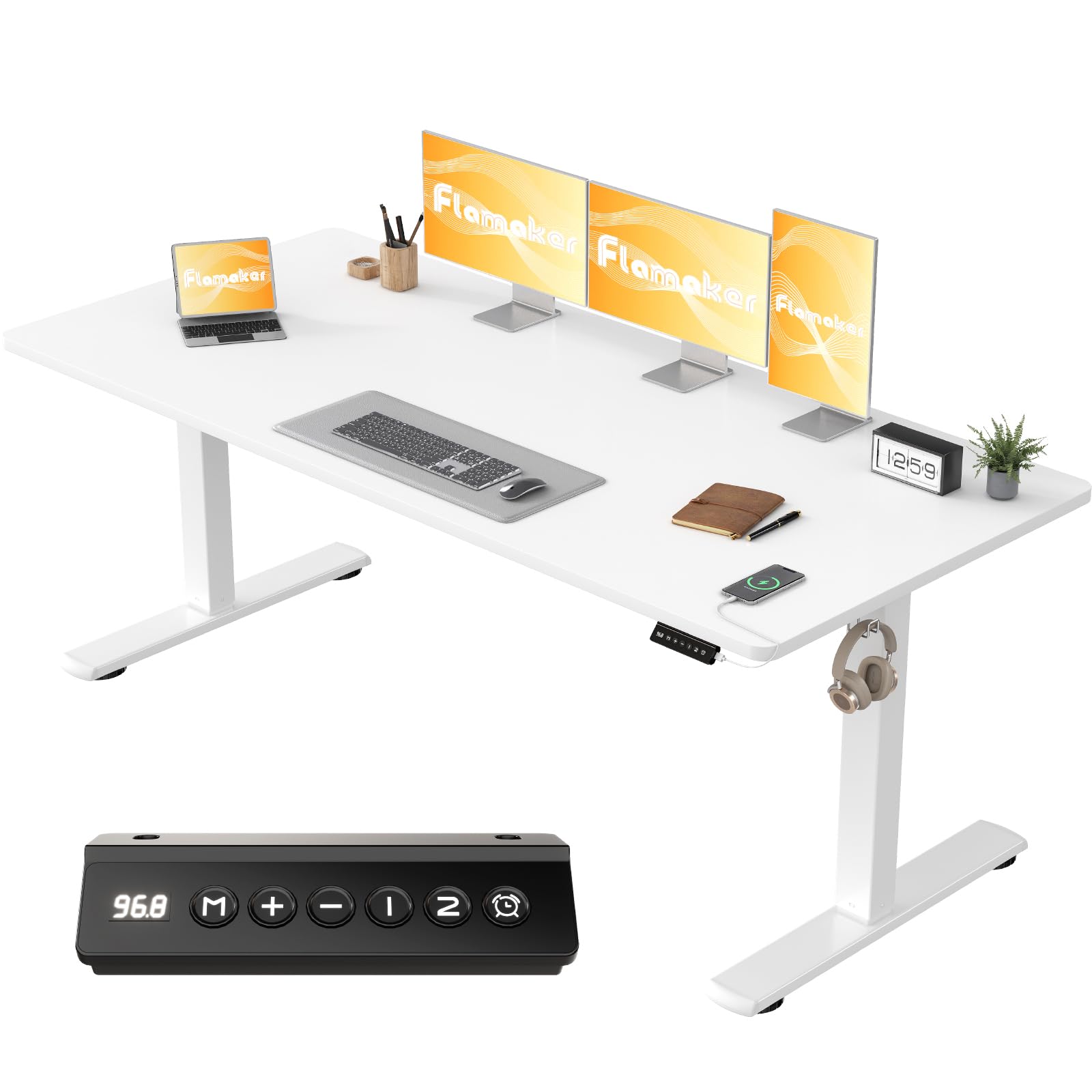 Flamaker Höhenverstellbarer Schreibtisch Ganze Tischplatte 140 x 60 cm, Schreibtisch Höhenverstellbar Elektrisch mit Memory Steuerung, Gaming Tisch mit Sitzende Erinnerung und USB-Aufladung (Beige)
