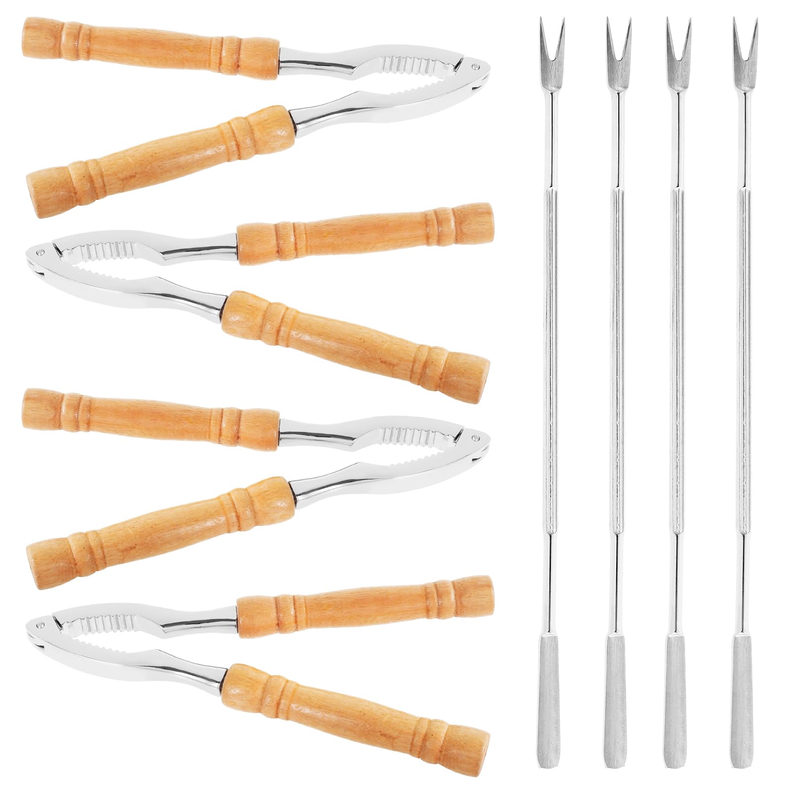 4Pcs Crab Leg Crackers with 4 Picks Sturdy Seafood Cracker Tool with Nonslip Wood Handle Efficient Lobster Crackers Seafood Cracker Nut Crackers for Seafood Nuts Walnuts(8,silver)