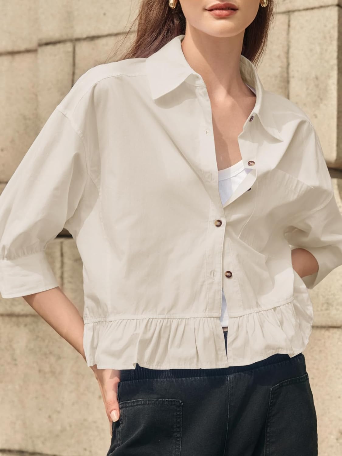 Cicy Bell Womens Cropped Button Down Shirts 3/4 Length Sleeve Casual Cotton Blouses Loose Fit Ruffle Hem Tops - Image 4
