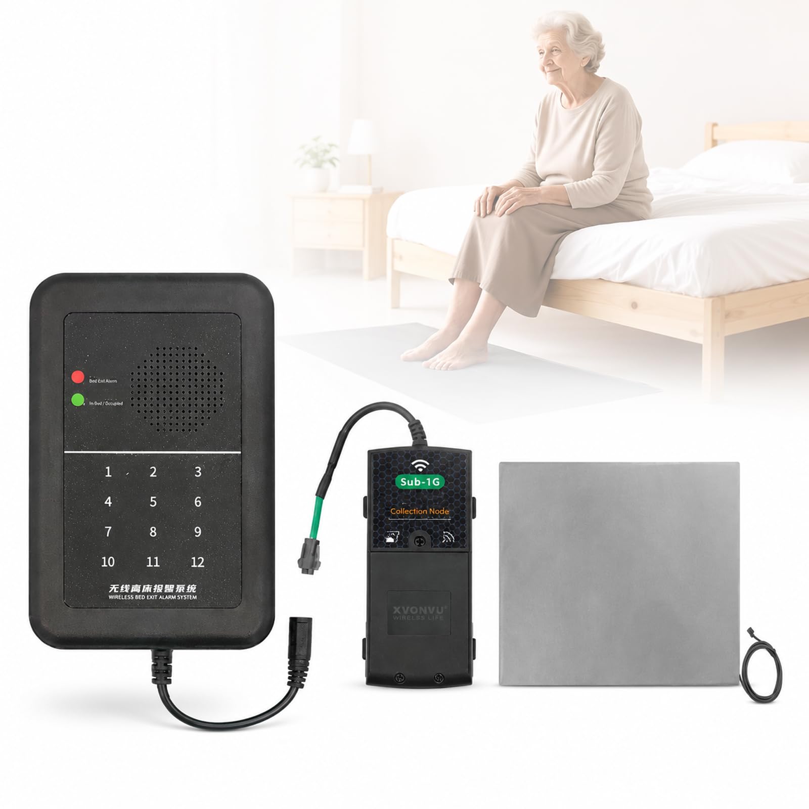 Sistema inalámbrico de Alfombrilla con Alarma para Salir de la Cama para Personas Mayores, Monitor de Alerta para Cuidadores con Almohadilla sensora de presión, para Adultos Mayores, atención