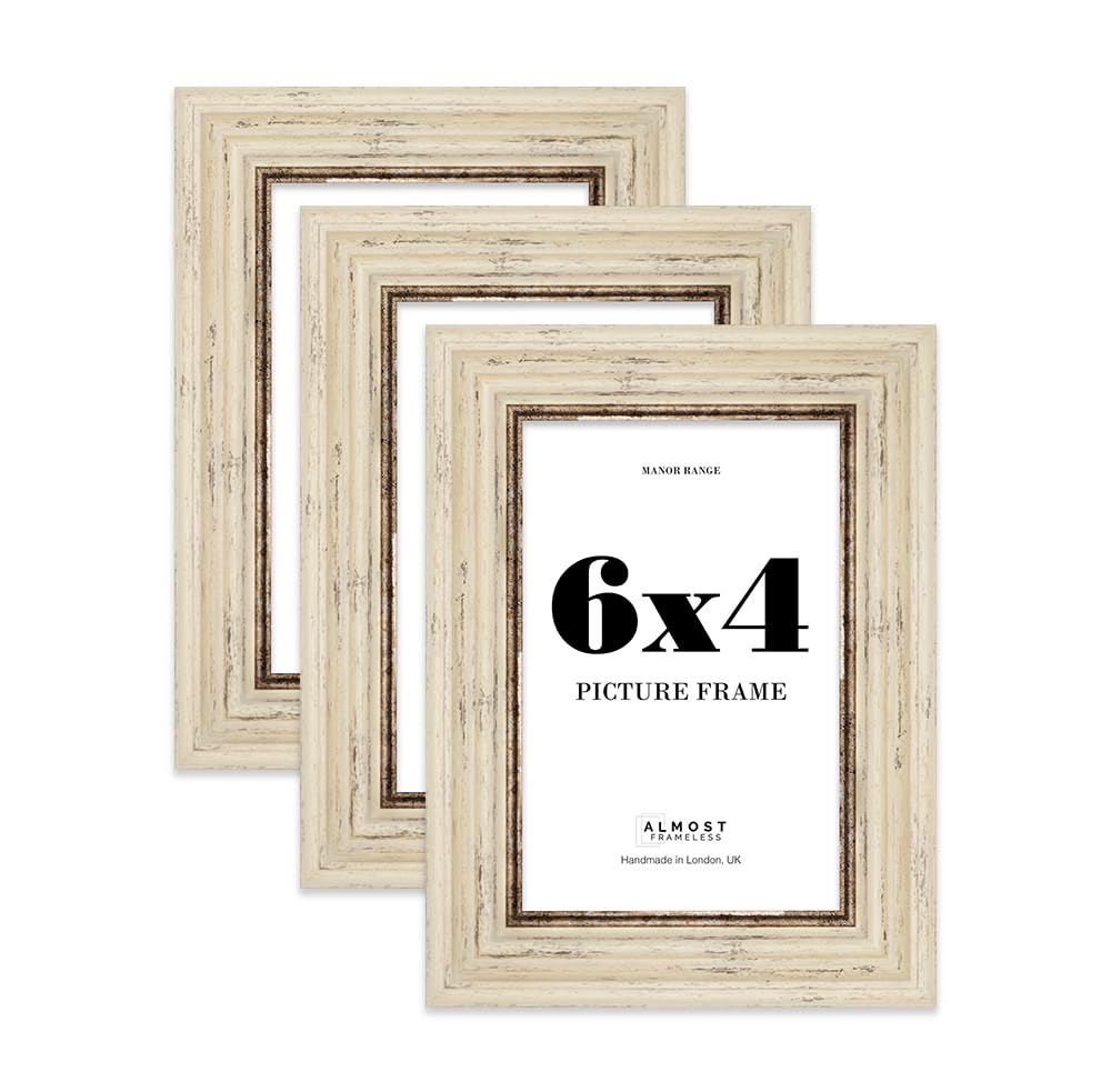 6x4 Picture Frame, Display 6x4 Pictures (10.2 x 15.2cm) - Distressed Cream Timeless 42mm Edge Decorative Wall Display Frame - 3 Pack
