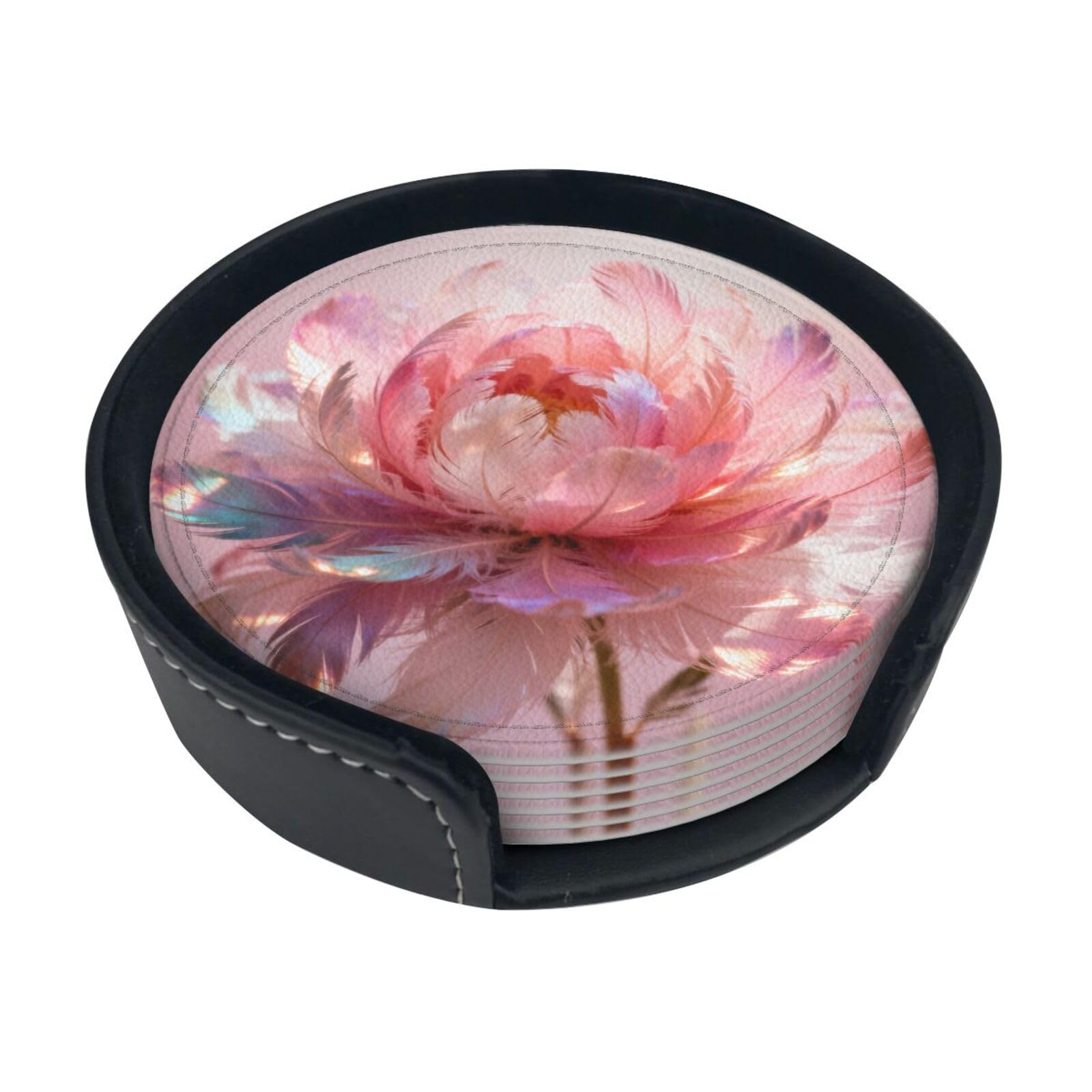 Cntdbu White Feather Flowers Leather Coasters Set Of 6-Pu Leather Drink Mats For Table, Heat Resistant Round Coasters With Holder