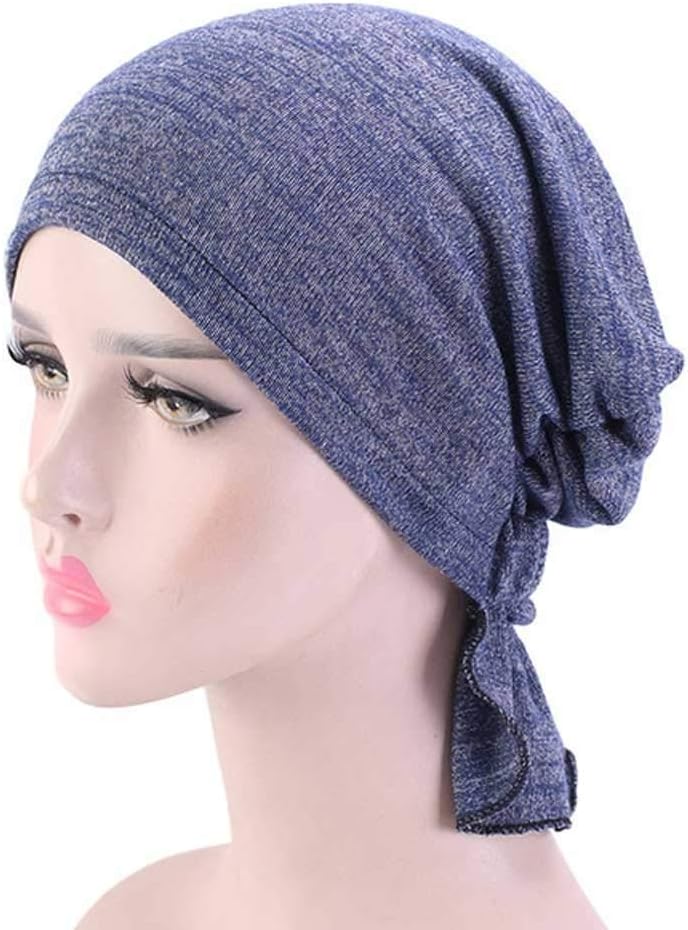 Womens Hijab Stretchy Cotton Hat Turban Hair Caps Cover Hair Loss Head Scarf Wrap Pre-Tied Headwear Hair Styling (Color : Navy)