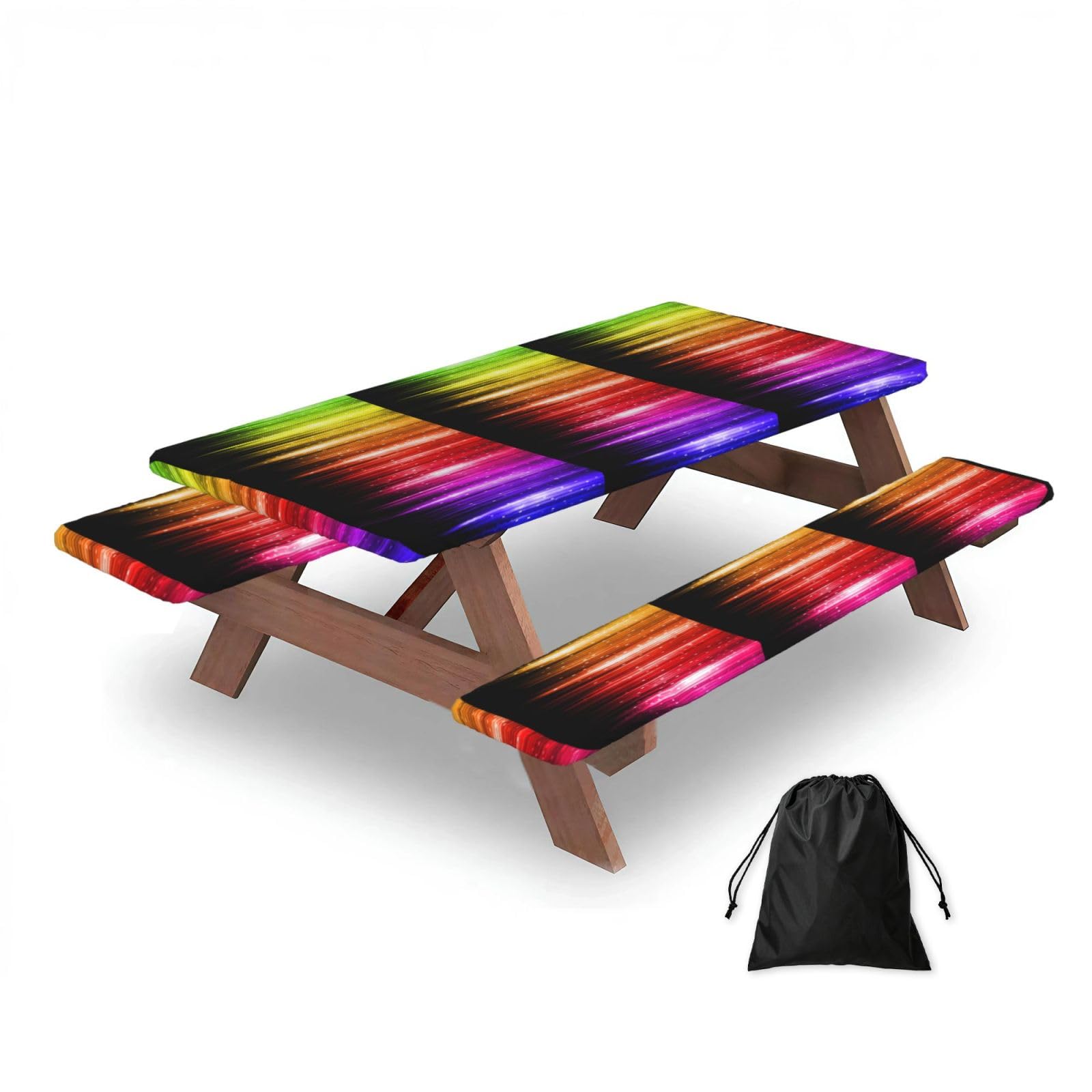 Dopklna As Picture Rainbow Glitter, Picnic Table Cover With Bench Covers -Waterproof Elastic Fitted Tablecloth For Garden Camping Patio 76X152cm