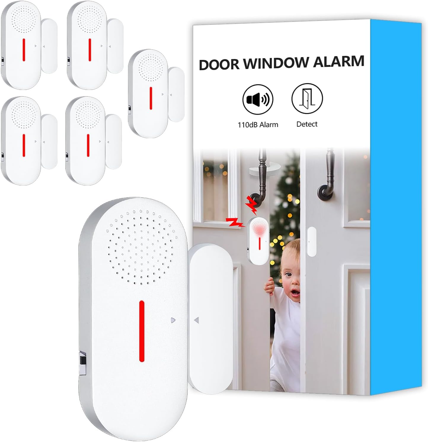 Security Door Window Alarm, Wireless Sensor Door Window Red Light Burglar Alarm, Door Alarms for Kids Safety, 110dB Doorbell Alarms for Office House Window Pool (6 Pack)