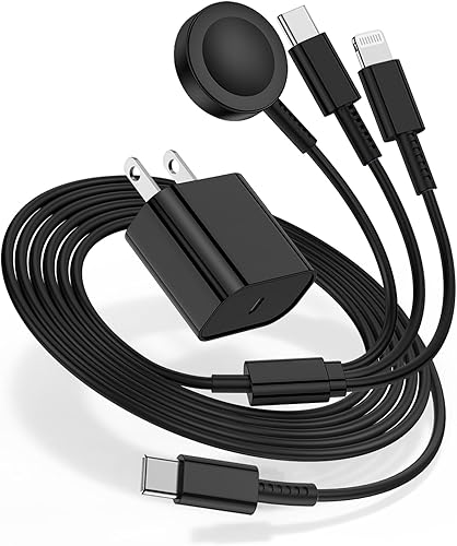 Cargador para Apple Watch de carga rápida, cable de carga múltiple 3 en 1 con cargador USB C de 20 W, cable de carga iWatch de 6 pies para iWatch