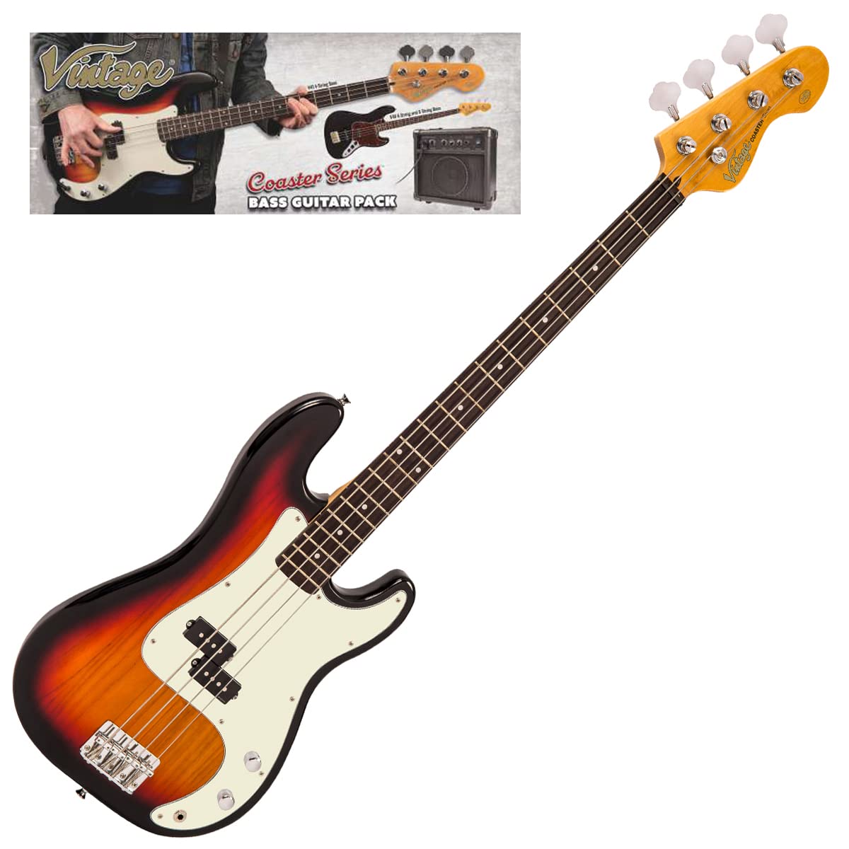VINTAGE V40 COASTER BASS GUITAR PACK - 3 TONE SUNBURST