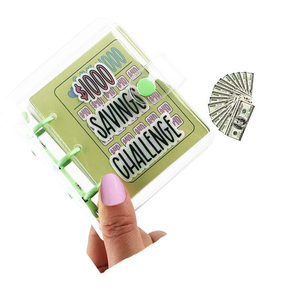 OREFSSIA Mini Money Saving Binder, Save $1000 Envelopes Money Saving Challenge Book Portable for Budgeting Cash Planner School Class Prize Gift, Green