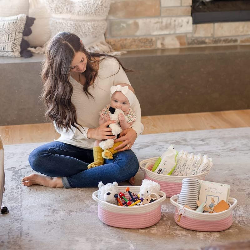 MANSA TRADERS 3-Piece Oval Storage Basket Set– Natural Rope Woven Baskets for Storage, Gift Basket Empty, Toy Basket, Soft Baby Basket for Nursery, Cat Dog Toy Baskets, Small Basket (Pink- White)