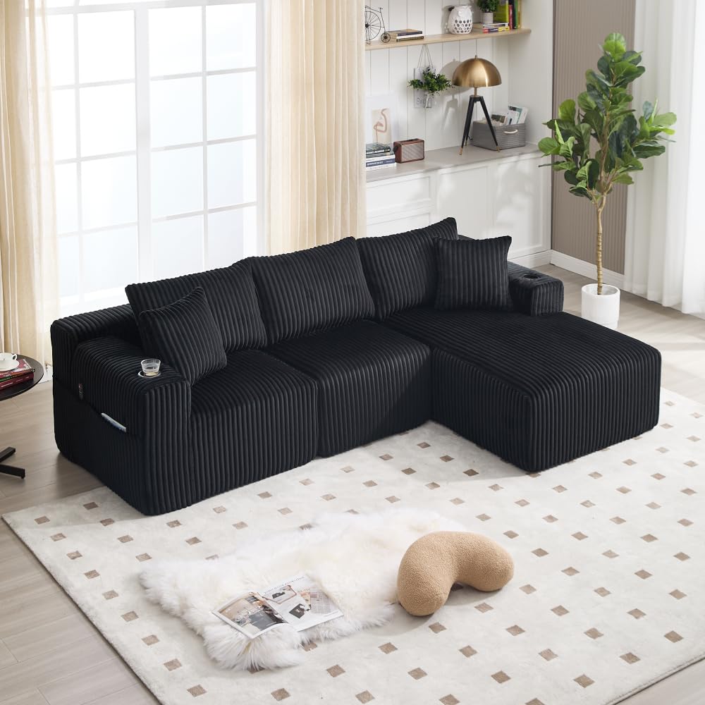 I0I&I0I Ensemble canapé modulaire avec méridienne et housse en velours côtelé 2 places avec 5 coussins porte-gobelets, pour le salon, l'appartement (noir + Corduroy + 3 sièges + mousse)