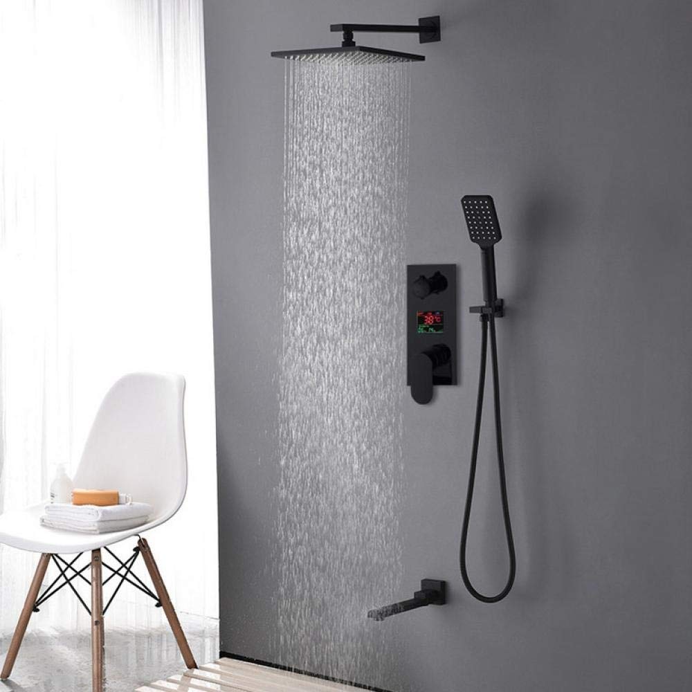 YNIYUJKL Black Digital Shower Faucets Set Brass Rainfall Shower Head 3-Way Digital Display Mixer Tap Swivel Tub Spout Bath Shower-16 Inch Full Set,16 Inch Full Set