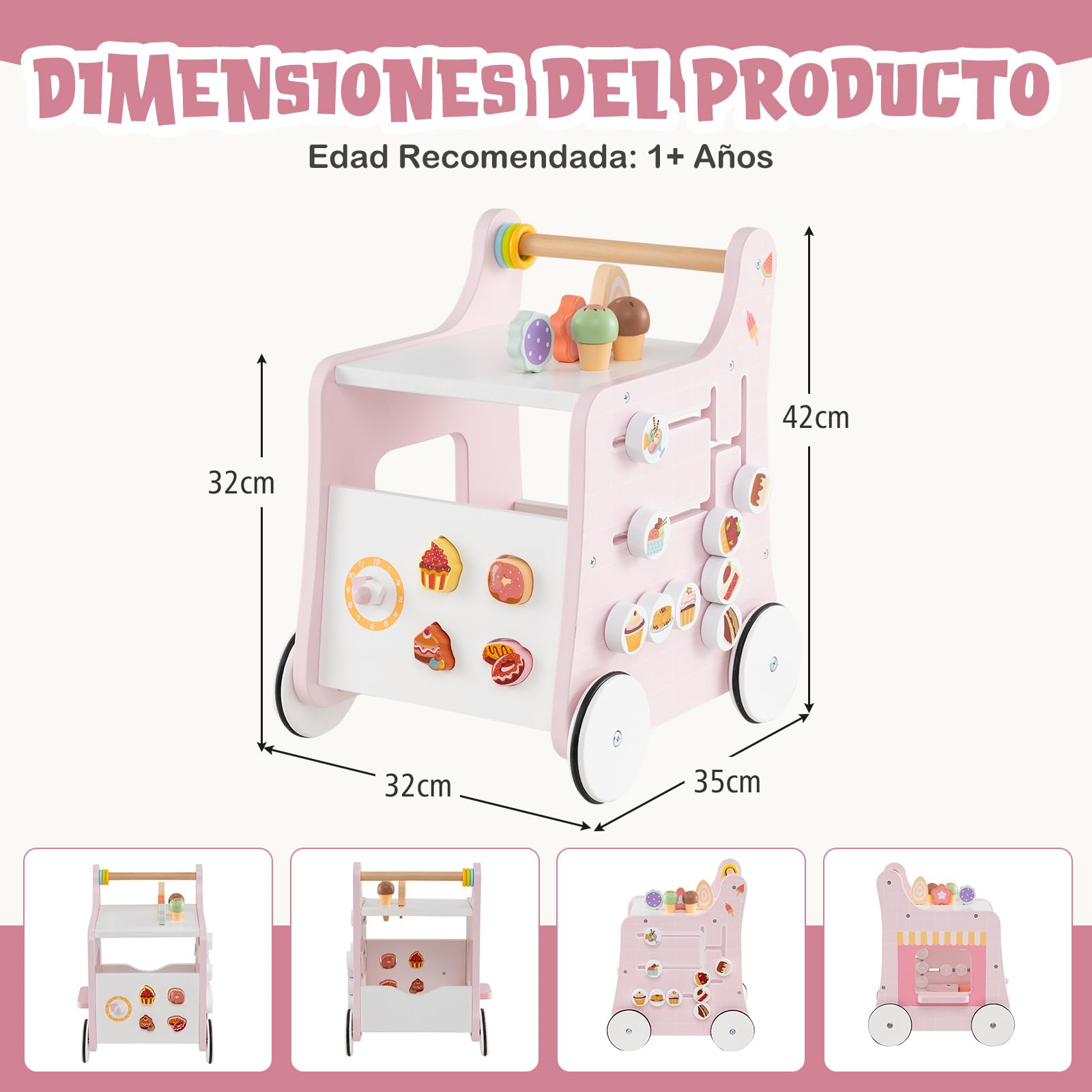 GOPLUS Andador de Madera 2 en 1 para Bebés, Juguete de Empujar Montessori, Carrito de Helados con Accesorios Interactivos, Ruedas Antideslizantes, Centro de Actividades para 1+ Años (Rosa)