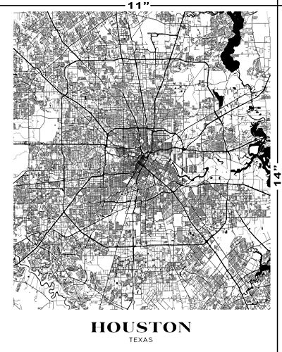 Houston, Texas City Map Wall Art - 11X14" Unframed Print - Modern, Minimal, Black And White Houston, Tx Wall Decor - Texas Gifts For Women And Men, Souvenirs, Poster #TOP3