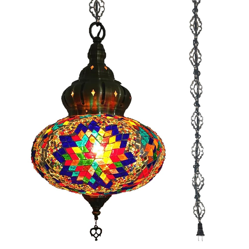 Turecka marokańska lampa wisząca z kablem o długości 4,5 m i łańcuchem, vintage mozaika, lampa sufitowa z wtyczką, do sypialni, salonu, brązowa