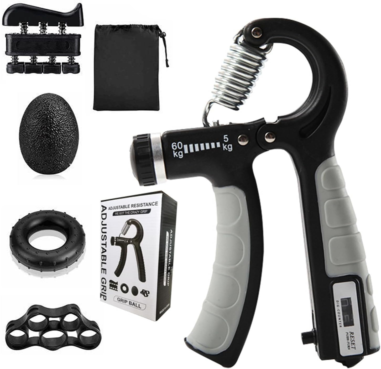 Kaiderine Hand Grip Strengthener Workout Kit (5 Pack) count Forearm Grip Adjustable Resistance Hand Gripper, Finger Exerciser, Finger Stretcher, Grip Ring & Stress Relief Grip Ball for Athletes