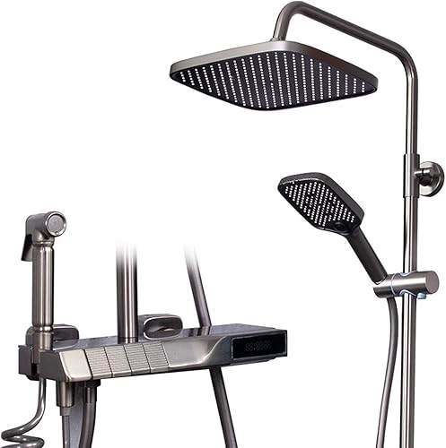 Sistema de ducha expuesto con llave de piano, pantalla digital caliente y fría, juego de grifo de ducha de baño de cuatro funciones con cabezal de