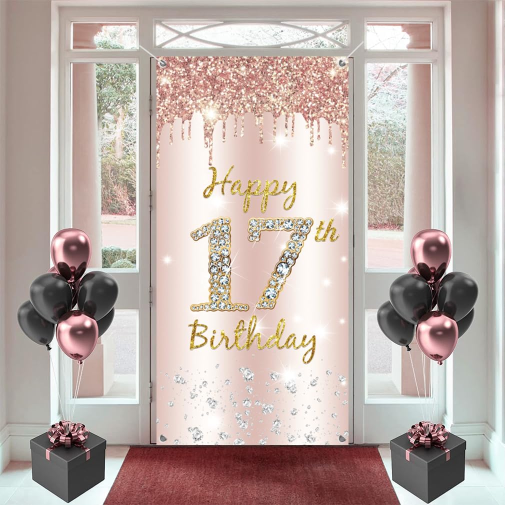 17. urodziny dziewczyna dekoracja, Happy 17 Birthday drzwi w kolorze różowego złota, baner z materiału na 17. urodziny materiał szyld plakat dekoracja drzwi baner, tło baner urodziny tło baner dekoracja na przyjęcie urodzinowe