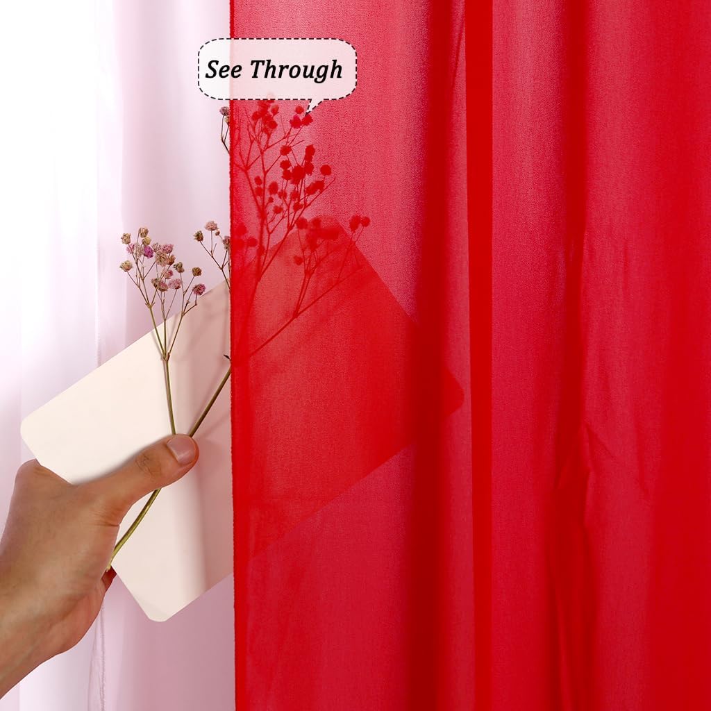 Red Chiffon Backdrop Curtain, 2 Packs 28x120 Inches, 100% Polyester, Rod Pocket, for Weddings, Parties, Semi Sheer Curtains, Voile Curtains, Red Backdrop Drapes