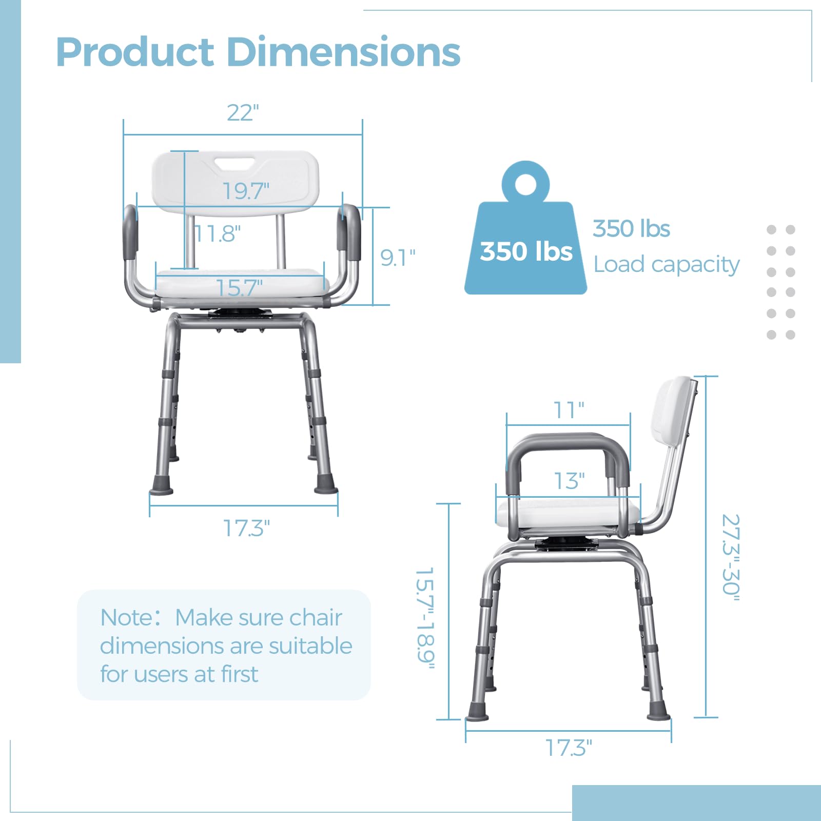 Silla de ducha giratoria con brazos y respaldo, silla de ducha giratoria Hybodies con altura ajustable, taburete de transferencia de bañera antideslizante, taburete ajustable seguro para