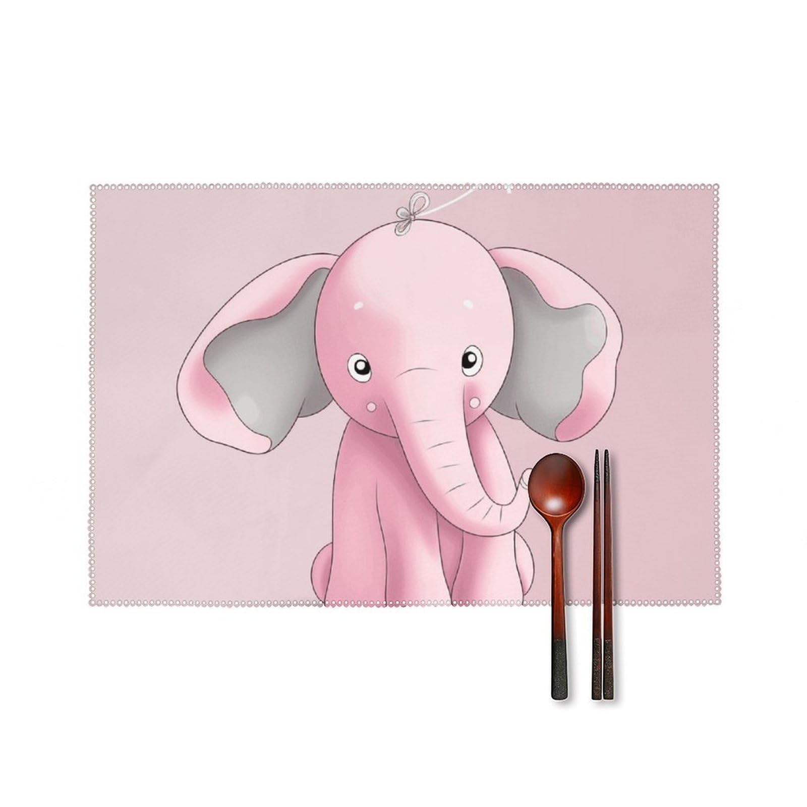 Pink Elephant Placemats Set of 6, 12x18 Inch Heat Resistant Washable Canvas Table Mats, Stain Resistant Decorative Dining Placemats for Kitchen, Restaurant, Outdoor Party