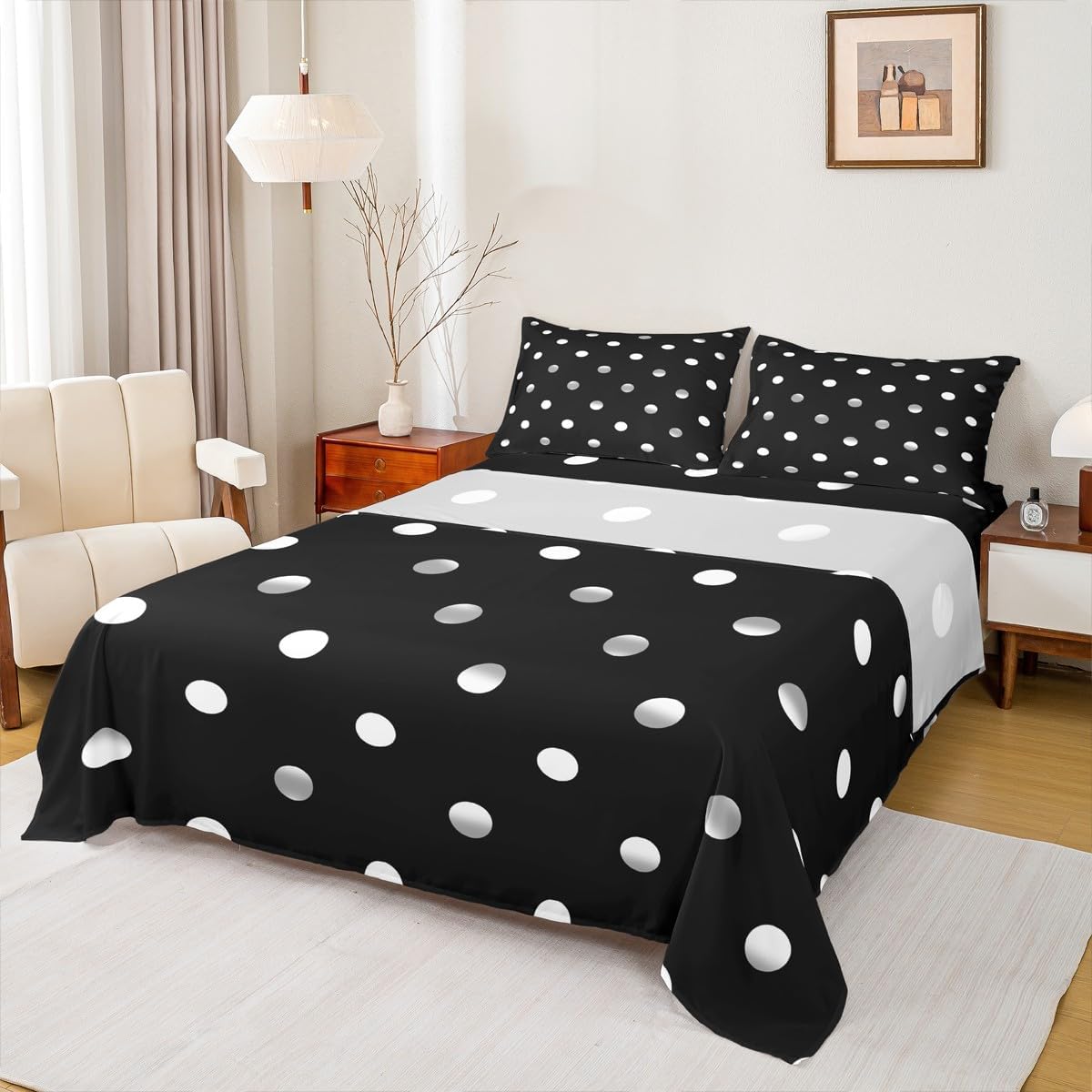 Castle Fairy White Polka Dots Bed Sheet Set Twin Size,Cute Dots Print Sheet Set Kids Teens,Geometric Circles Black White Simple Bedding Decor Set with 1 Flat & 1 Fitted Sheet with 1 Pillow Sham