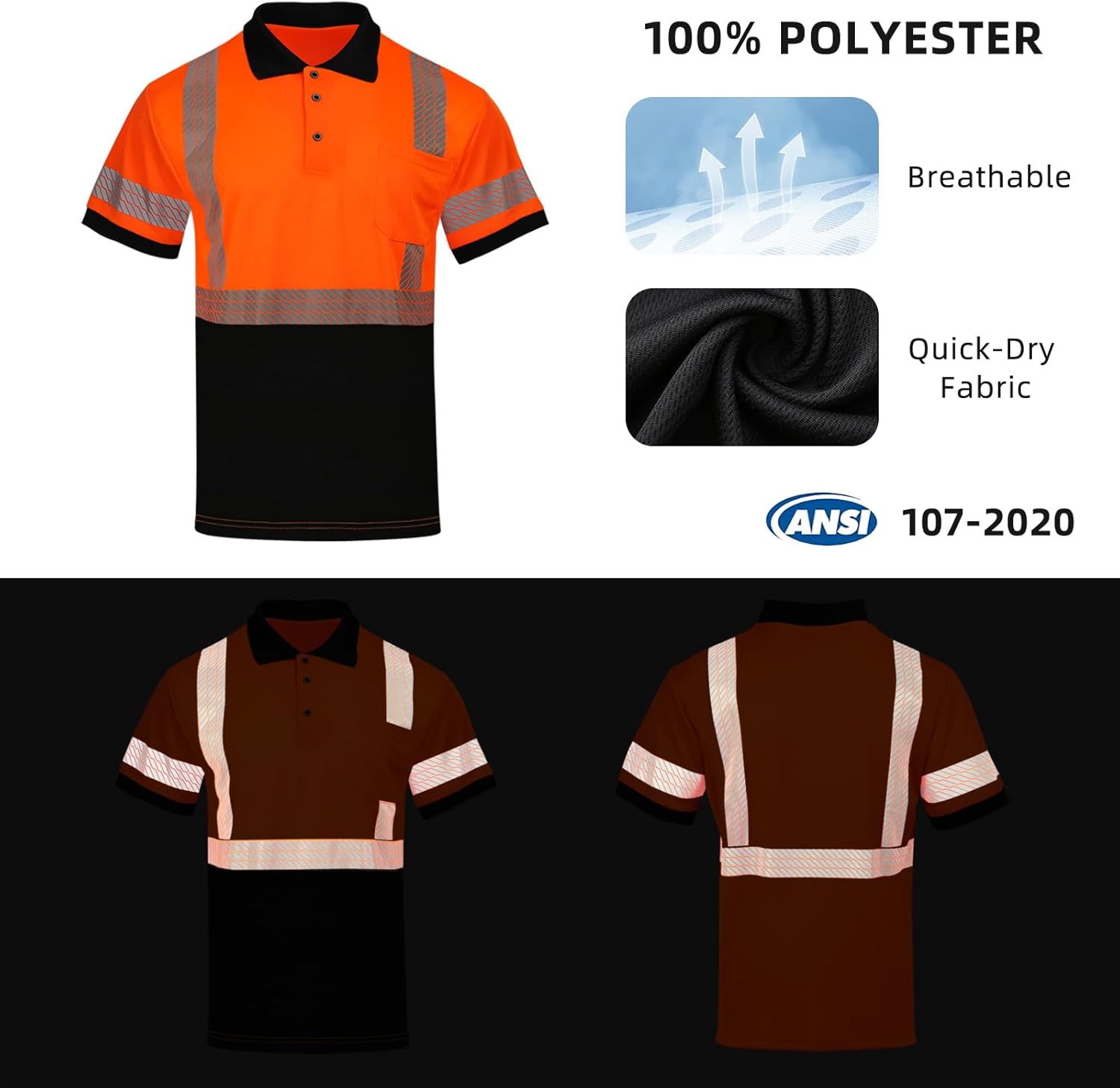 GLIMMR Hi Vis Safety Polo Shirts for Men,2pcs Class 3 High Visibility Reflective Short Sleeve T Shirts for Work Construction
