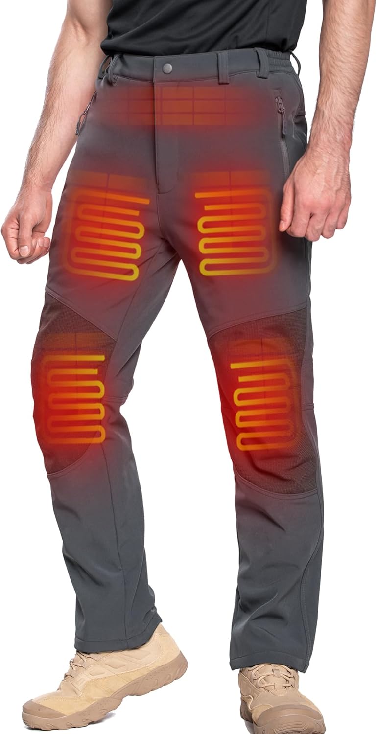 DEWBU Heated Pants for Men with 12V Battery Pack Fleece Lined Outdoor Softshell Pants Electric Heating Trousers